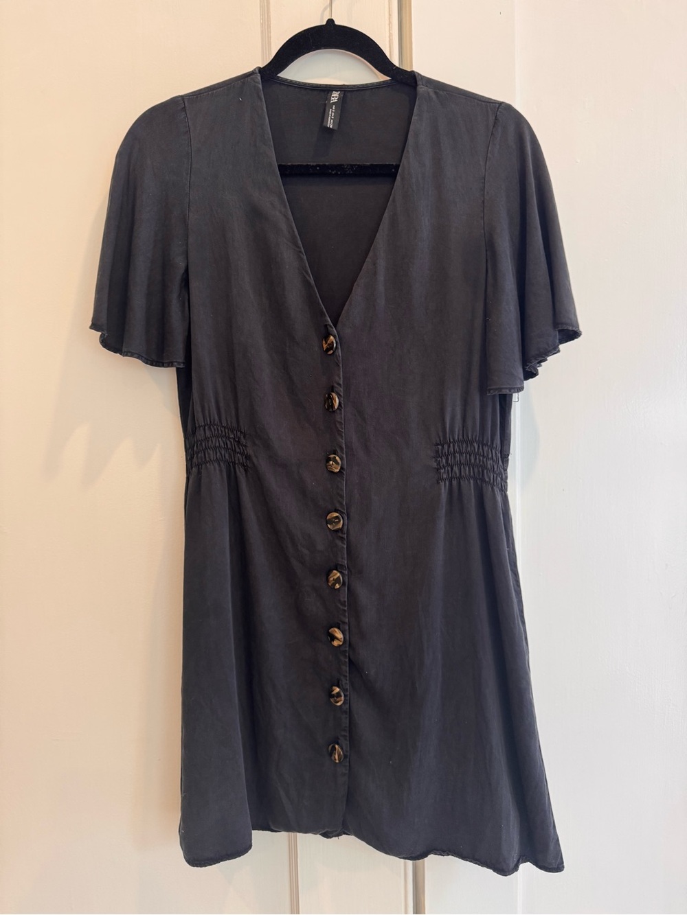 ZARA Lightweight Black/ Gray Button-Front V-Neck Dress Sz Small